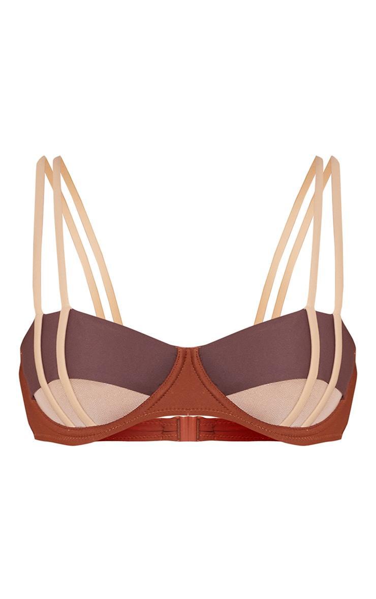 Brown Contrast Underwired Mesh Cut Out Bikini Top Product Image
