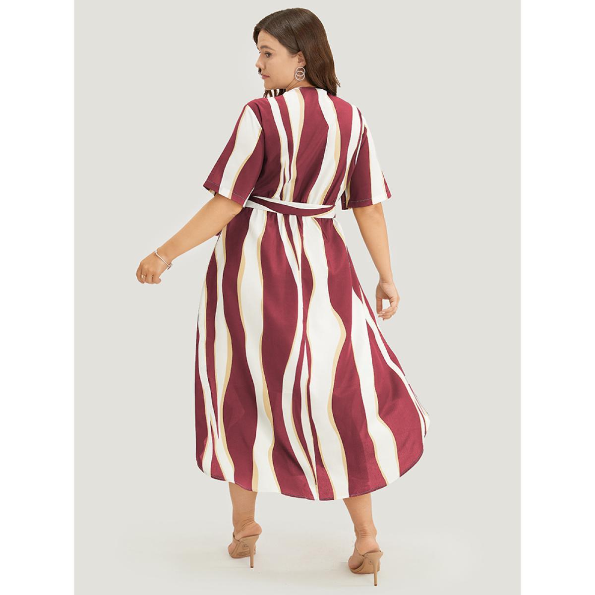 Plus Size Geometric Contrast Pocket Ruffle Belt Half Zipper Arc Hem Dress Burgundy Women Office Lined V-neck Short sleeve Curvy Midi Dress BloomChic 18-20/2X Product Image