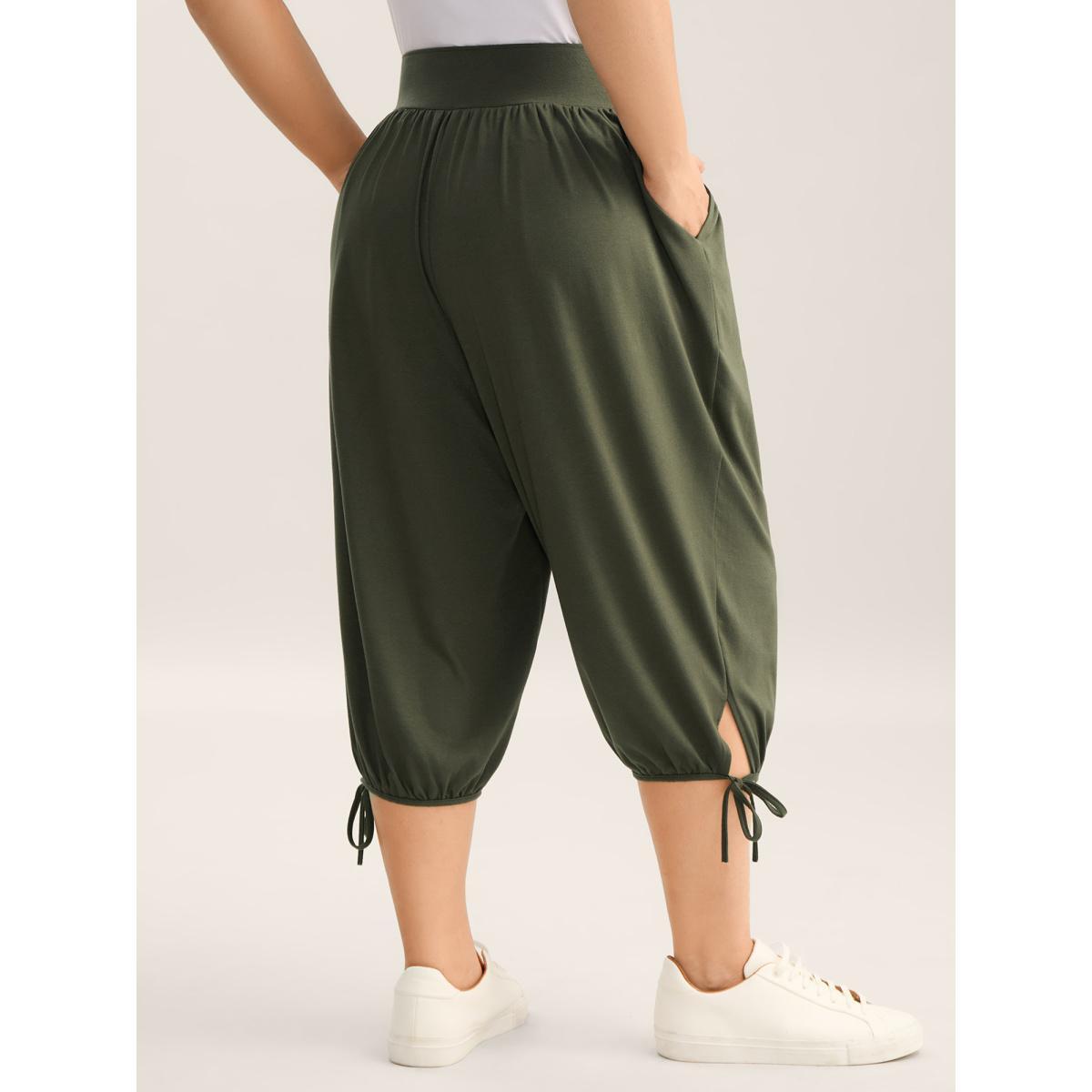 Plus Size Keyhole Hem Ties Jogger Pants Women ArmyGreen Casual Mid Rise Everyday-Casual Pants BloomChic 22-24/3X Product Image