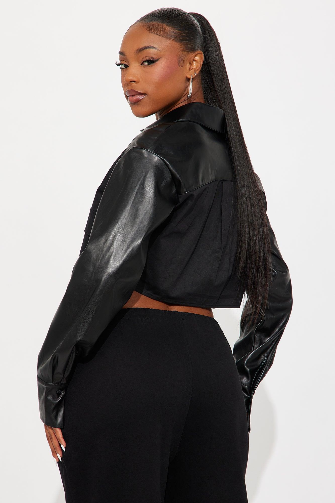 Hey Way Poplin Contrast Faux Leather Shirt - Black Product Image