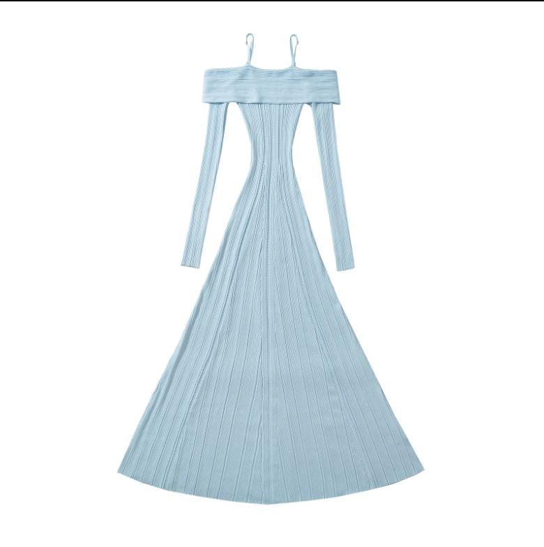 Long-Sleeve Cold Shoulder Plain Maxi A-Line Knit Dress Product Image