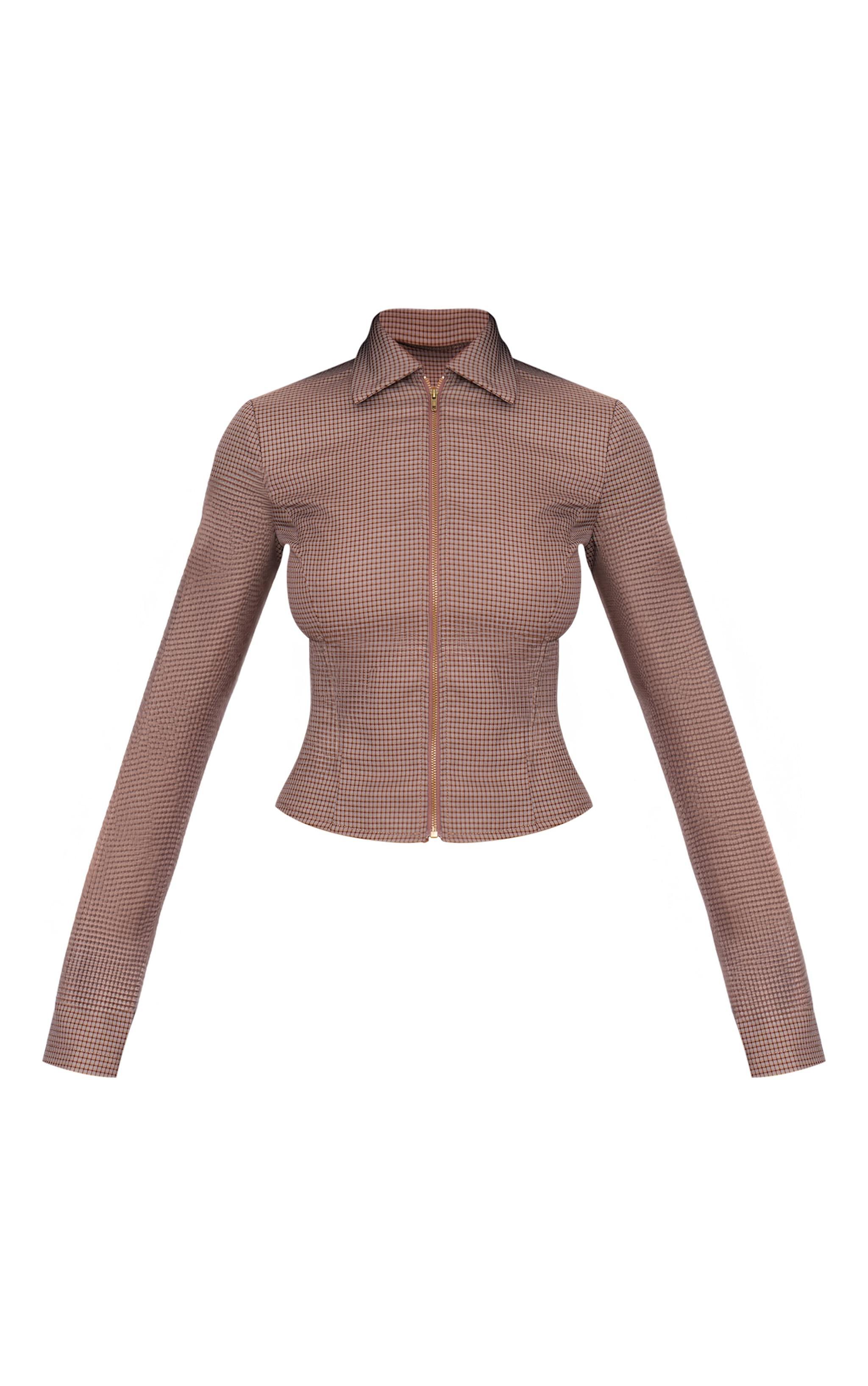 Brown Check Collared Zip Up Shirt Product Image