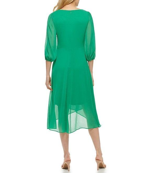 DKNY by Donna Karan Chiffon Surplice V-Neck 3/4 Balloon Sleeve Side Twist High-Low Midi Dress Product Image