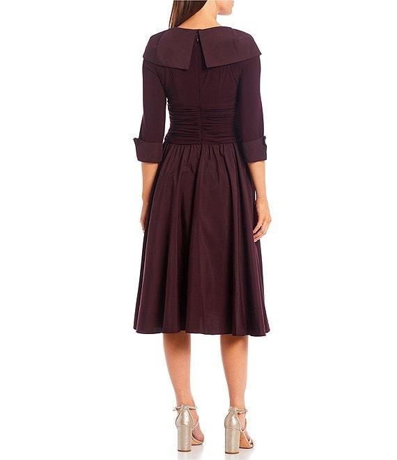 Jessica Howard Jersey Taffeta 3/4 Sleeve Portrait Collar Ruched A-Line Midi Dress Product Image