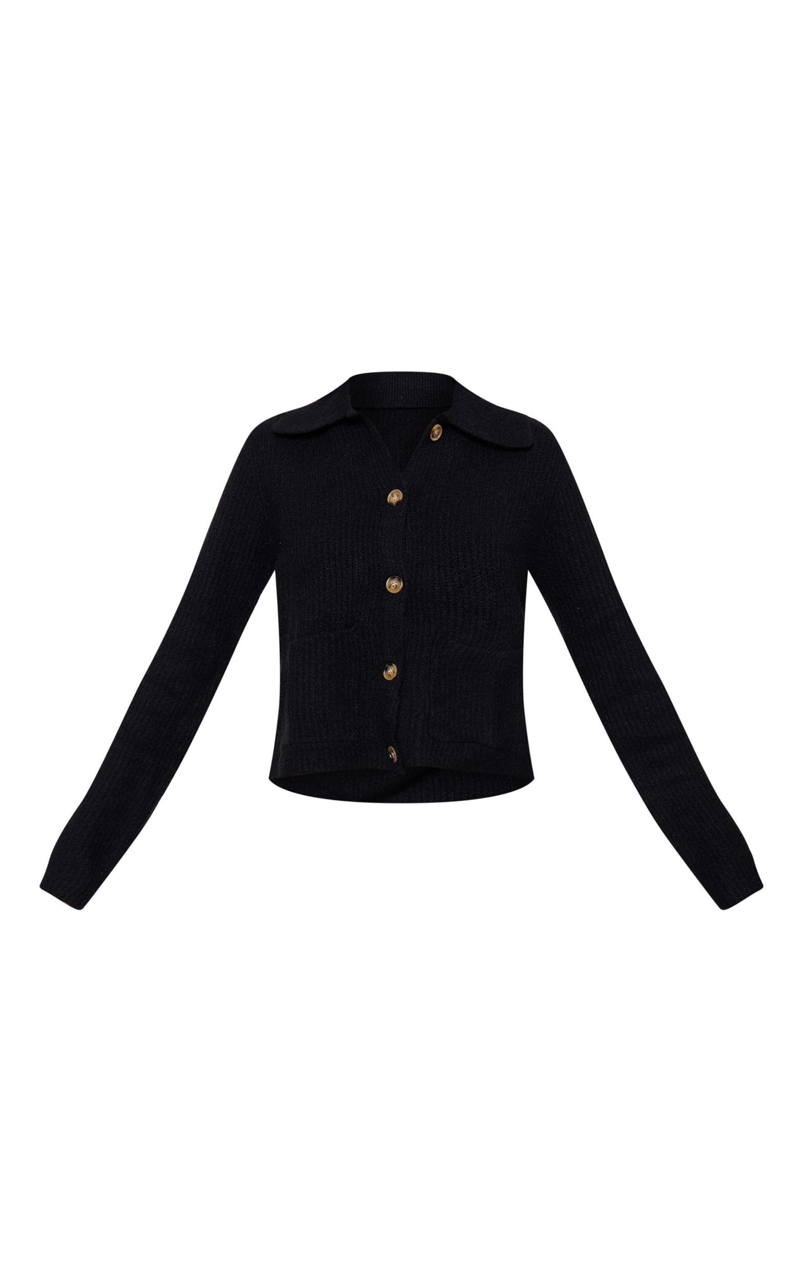 Black Soft Textured Knit Button Up Collar Detail Cardigan Product Image