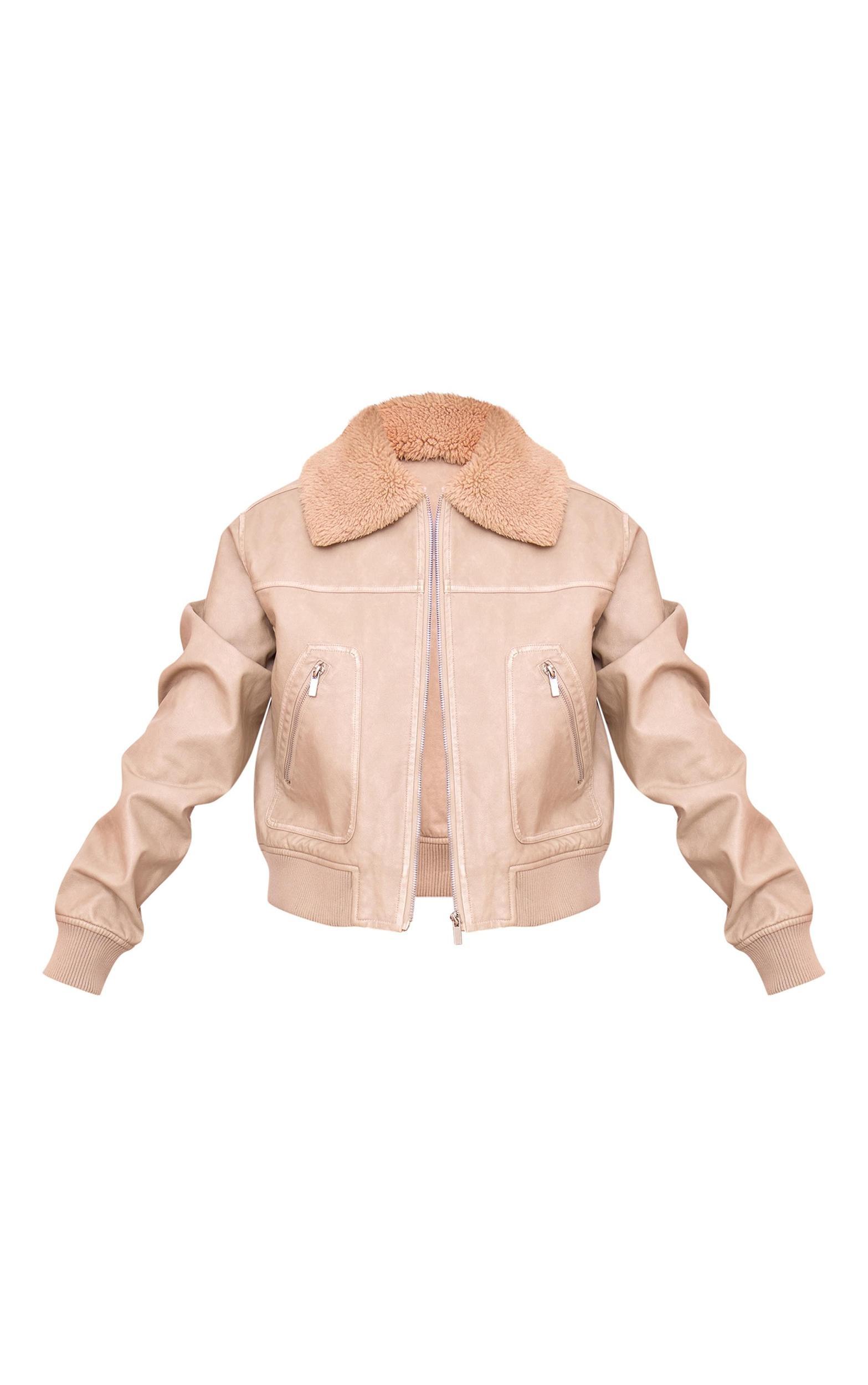Stone Soft Pu Contrast Collar Cropped Jacket Product Image