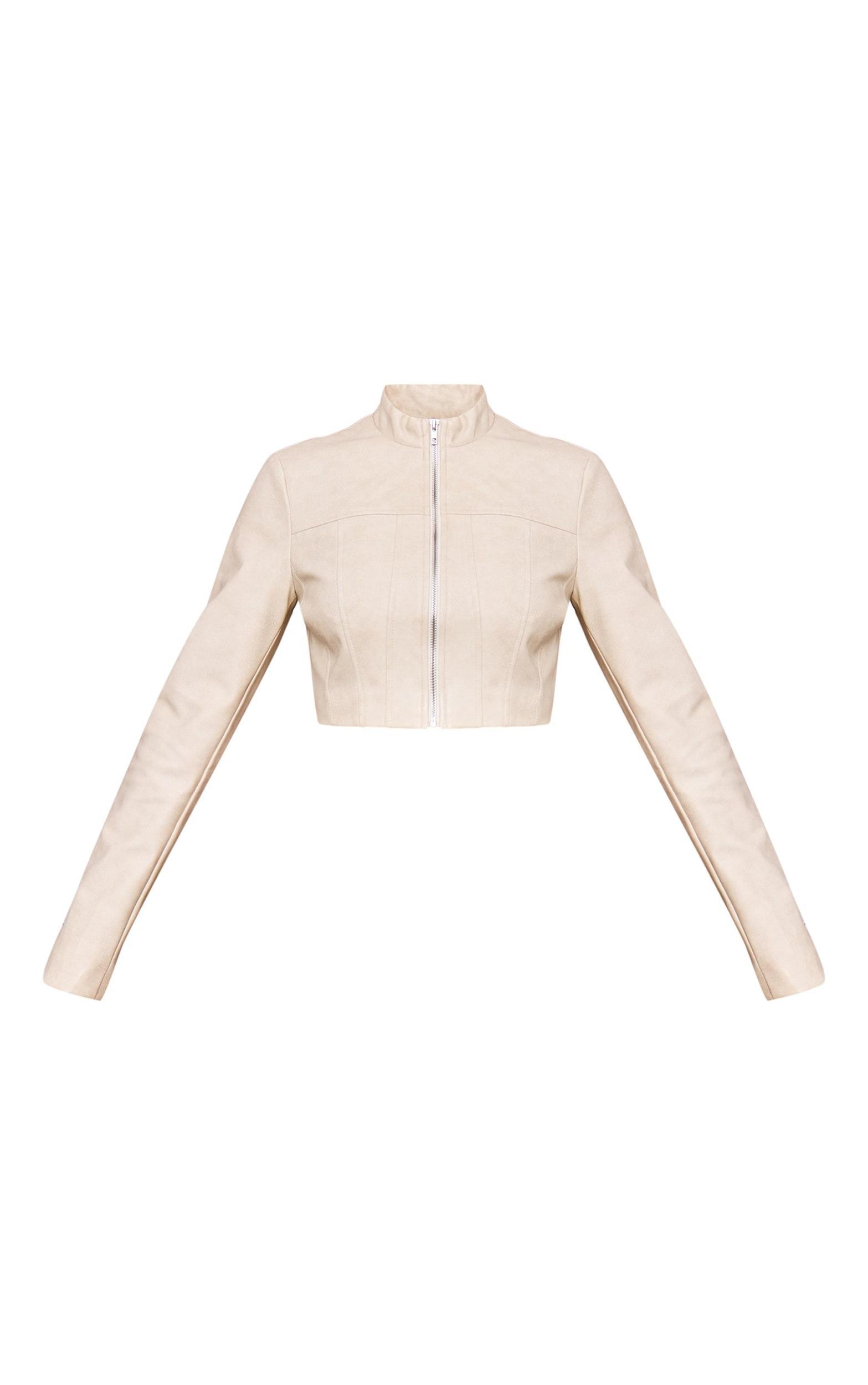 Cream Faux Leather Panel Details Biker Jacket Product Image