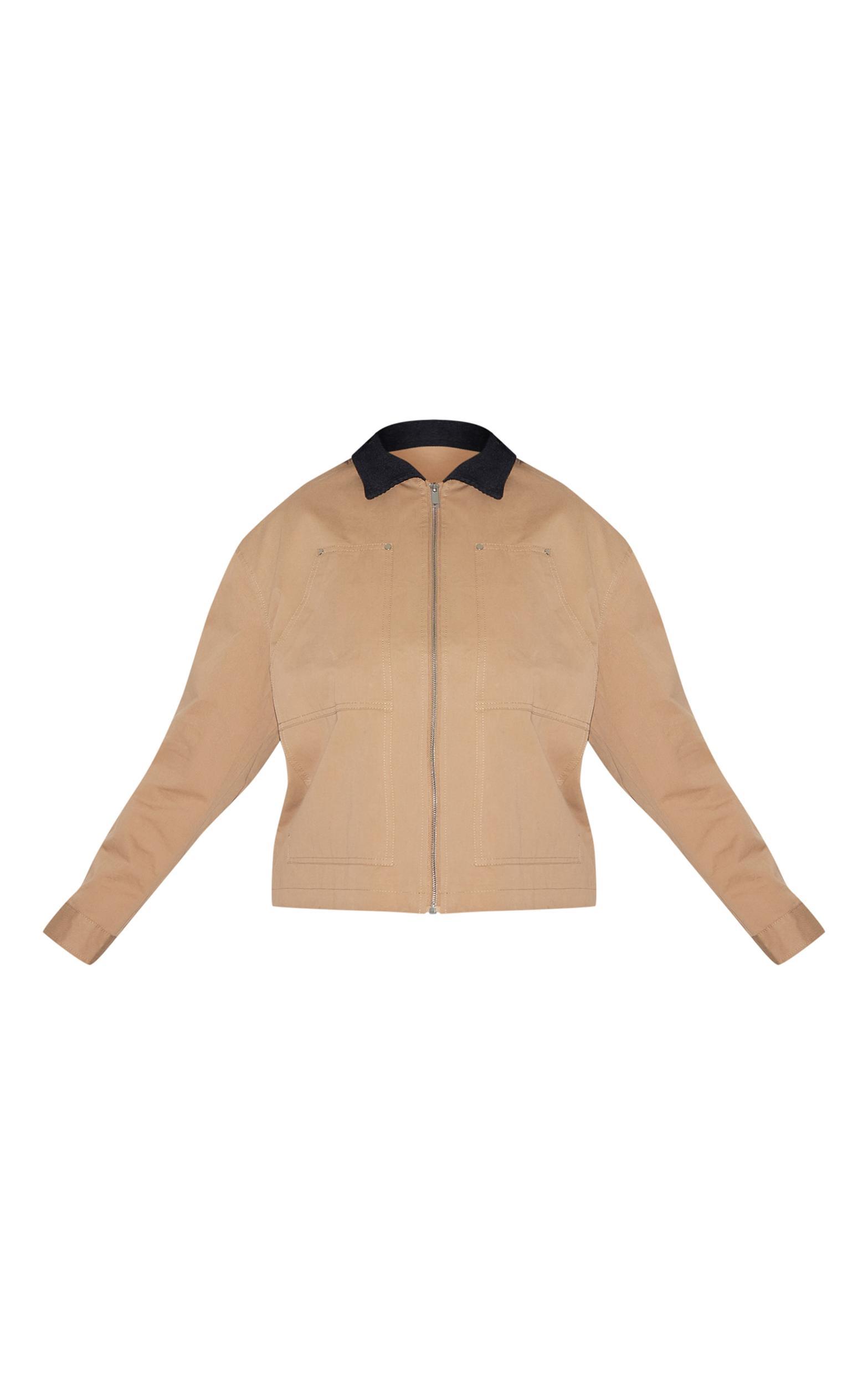 Plus Beige Contrast Collar Pocket Detail Trucker Jacket Product Image