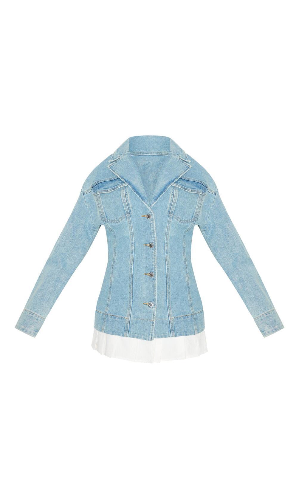 Petite Light Blue Denim Fitted Mini Dress With Pleat Details Product Image