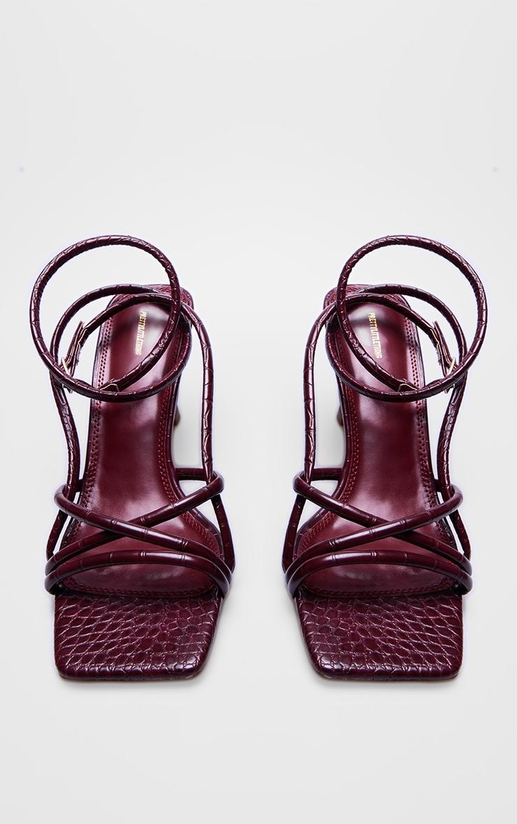 Burgundy Croc PU Square Toe Tube Strappy Mid Stiletto Heeled Sandals Product Image