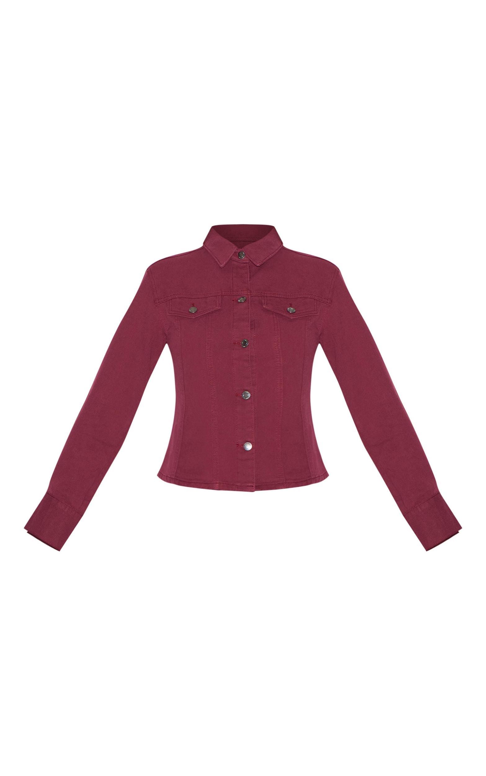 Burgundy Long Sleeve Cinch Waist Denim Jacket Product Image