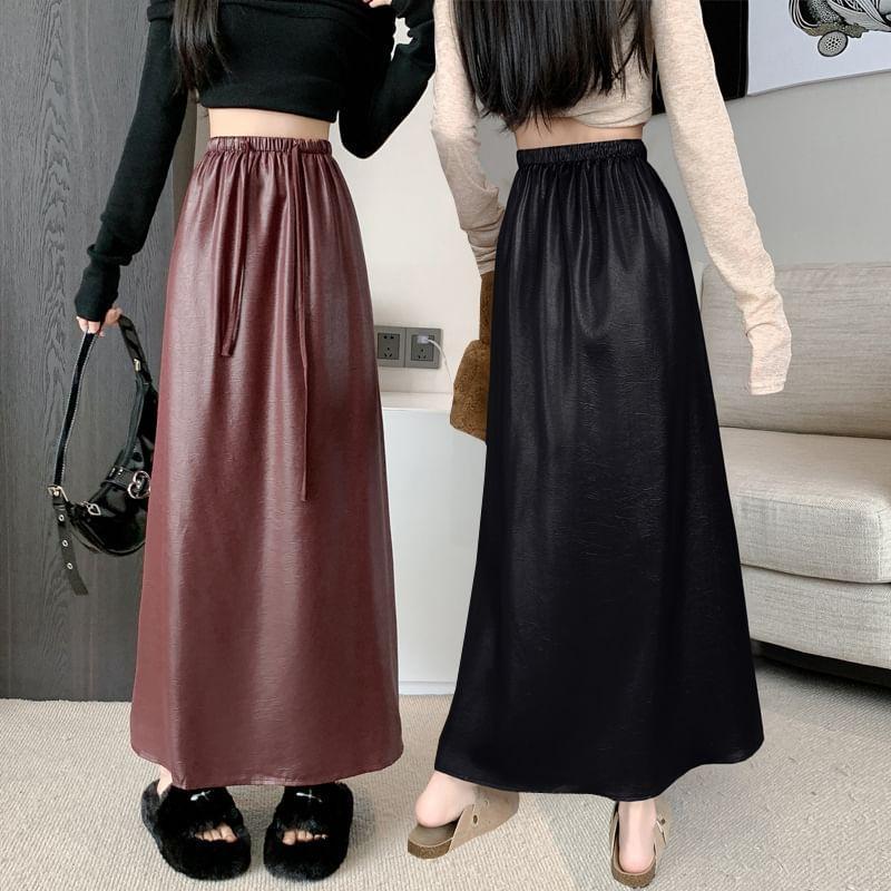 Drawstring Waist Plain Faux Leather Midi A-Line Skirt Product Image