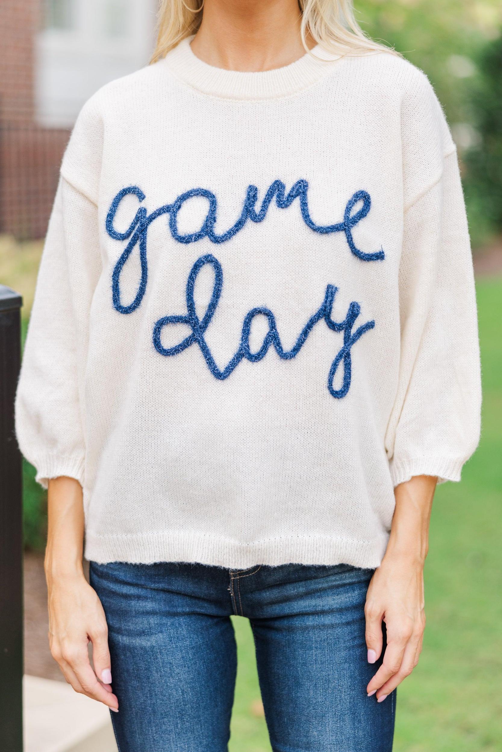 It's Game Day Ivory/Navy Puff Sleeve Sweater Female Product Image