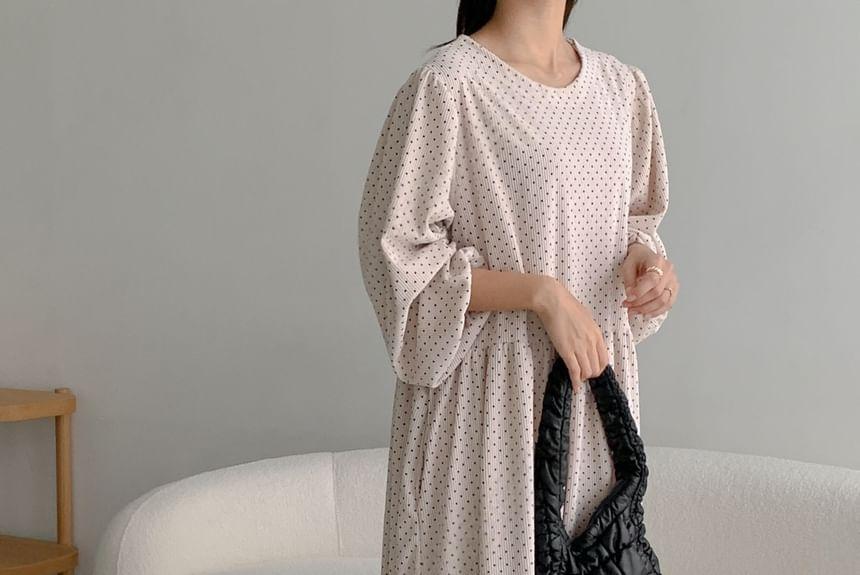 Long-Sleeve Dotted Corduroy Loose-Fit Midi Dress Product Image