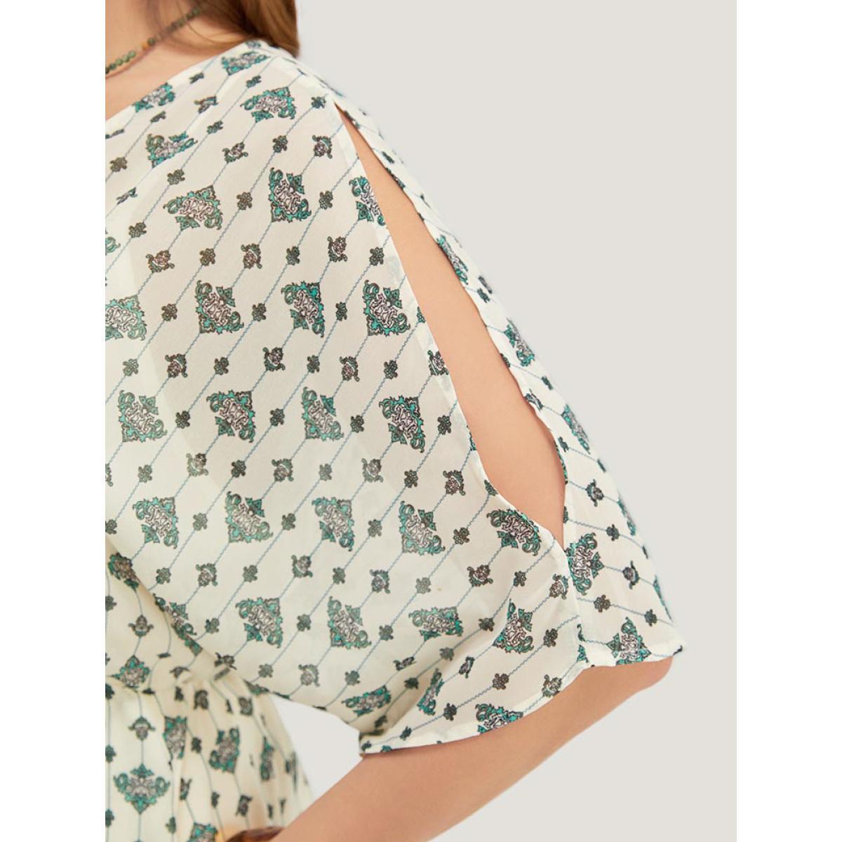 Plus Size Bandana Dolman Sleeve Pocket Cold Shoulder Split Dress Ivory Women Vacation Stand-up collar Half Sleeve Curvy Midi Dress BloomChic 10/M Product Image