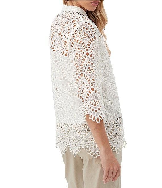 Trina Turk Martigues Lernis Lace Button Mandarin Collar 3/4 Bell Sleeve Top Product Image