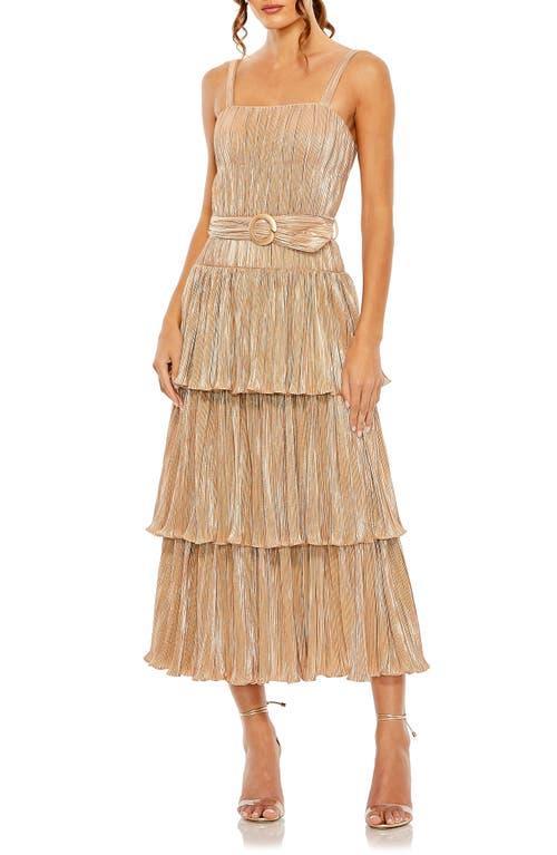 Womens Belted Metallic Tiered Midi-Dress Product Image