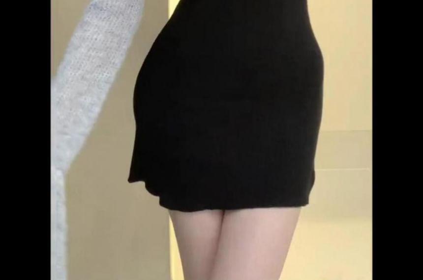 Flared-Sleeve Cold-Shoulder Two Tone Mock Two-Piece Knit Mini Sheath Dress Product Image