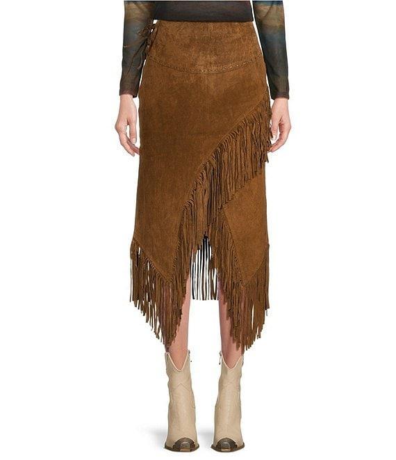 Scully Suede Leather High Rise Wrap Fringe Midi Skirt Product Image
