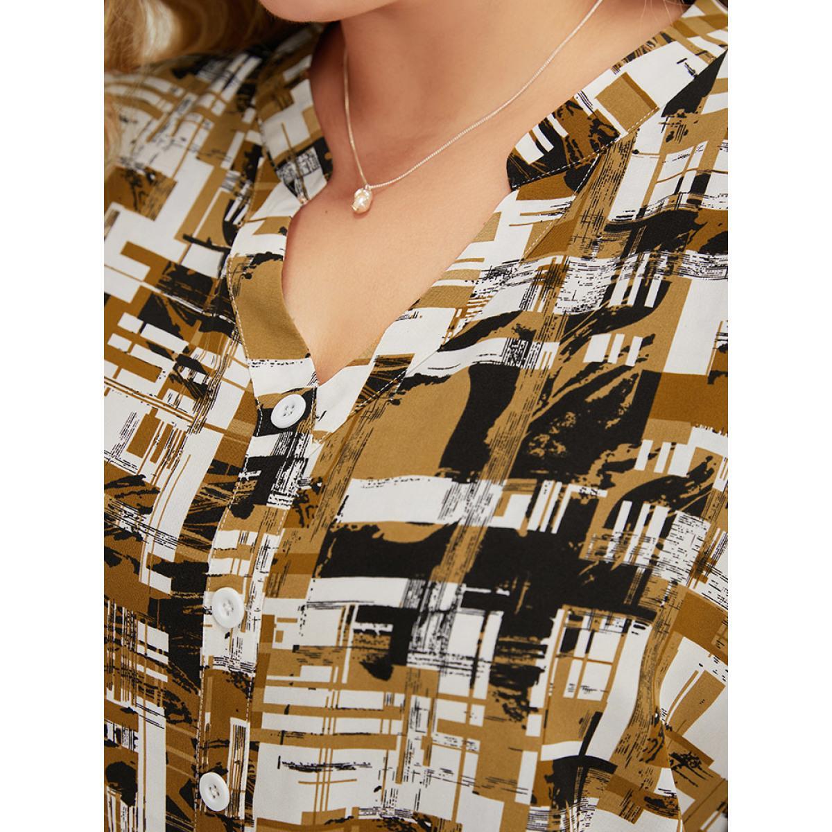 Plus Size Bronze Graphic Print Notched Button Detail Cuffed Sleeve Blouse Women Office Elbow-length sleeve Notched collar Work Blouses BloomChic 28/5X Product Image