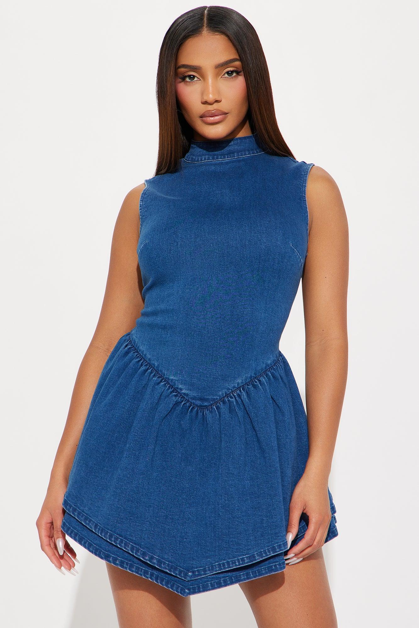 Mary Stretch Denim Micro Mini Dress - Dark Wash Product Image
