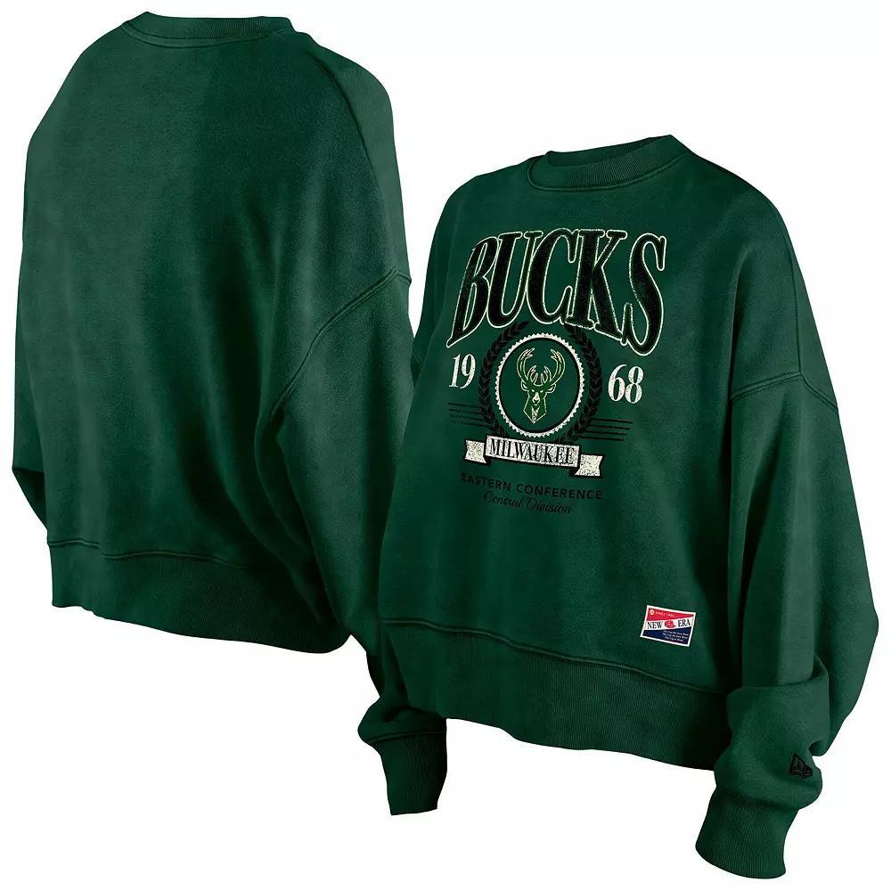 Women's New Era  Hunter Green Milwaukee Bucks Hardwood Classics Enzyme Wash Oversized Boxy Pullover Sweatshirt, Size: Small, Team Product Image