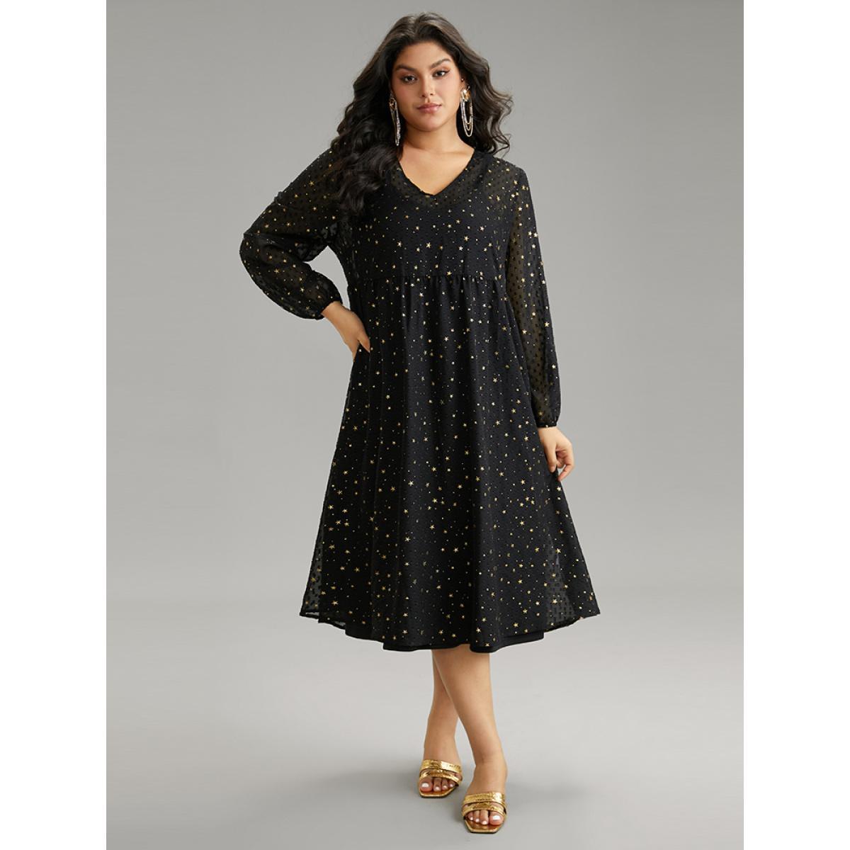 Plus Size Star Glitter Mesh Lantern Sleeve Ruffle Dress Black Women Party Elastic cuffs V-neck Long Sleeve Curvy Midi Dress BloomChic 28/5X Product Image