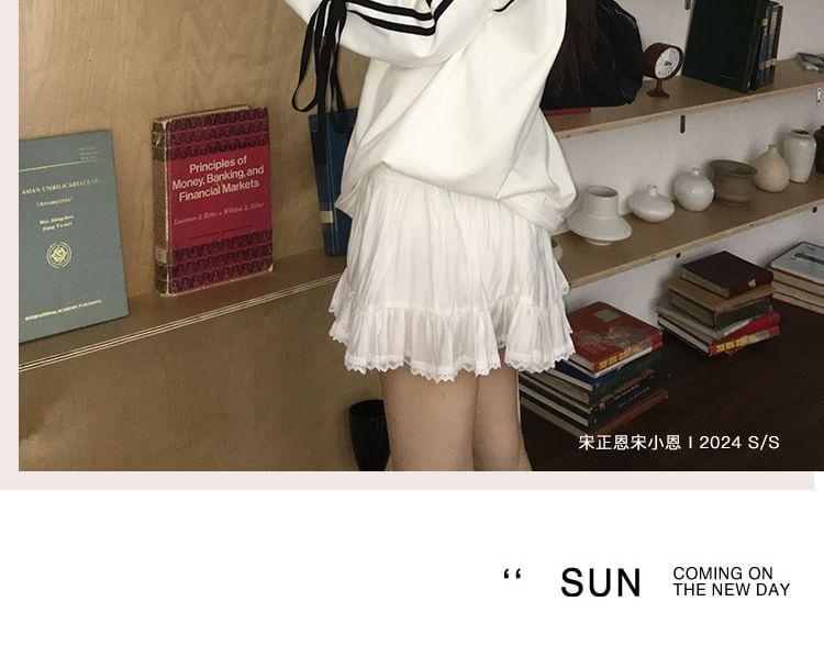 Long Sleeve V-Neck Bow Print Striped Bow Accent Loose-Fit Sweatshirt Product Image