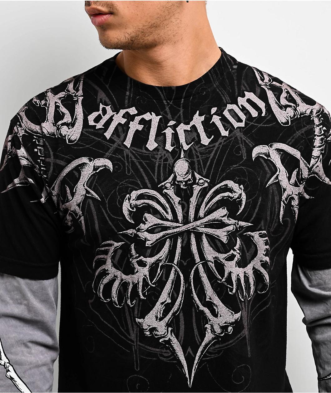 Affliction Skeleton Black Lava & Grey 2fer Long Sleeve T-Shirt Product Image