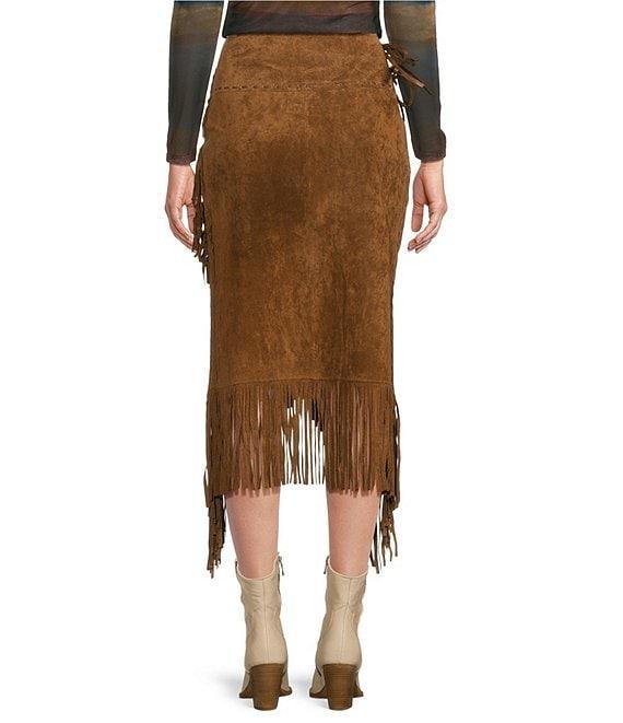 Scully Suede Leather High Rise Wrap Fringe Midi Skirt Product Image