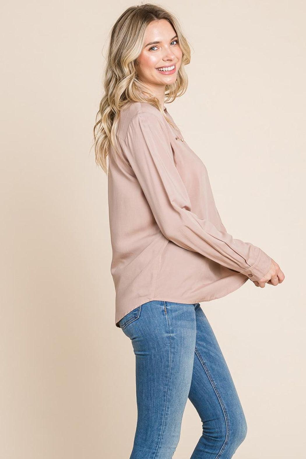 V Neck Front Zip Up Long Sleeve Top Product Image