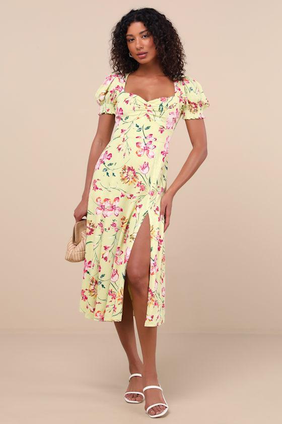 Parisian Picnic Green Floral Jacquard Puff Sleeve Midi Dress Product Image