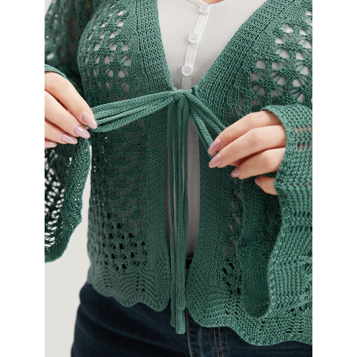 Plus Size Hollow Out Ties Front Bell Sleeve Cardigan Emerald Women Casual Loose Long Sleeve Everyday Cardigans BloomChic 30/6X Product Image