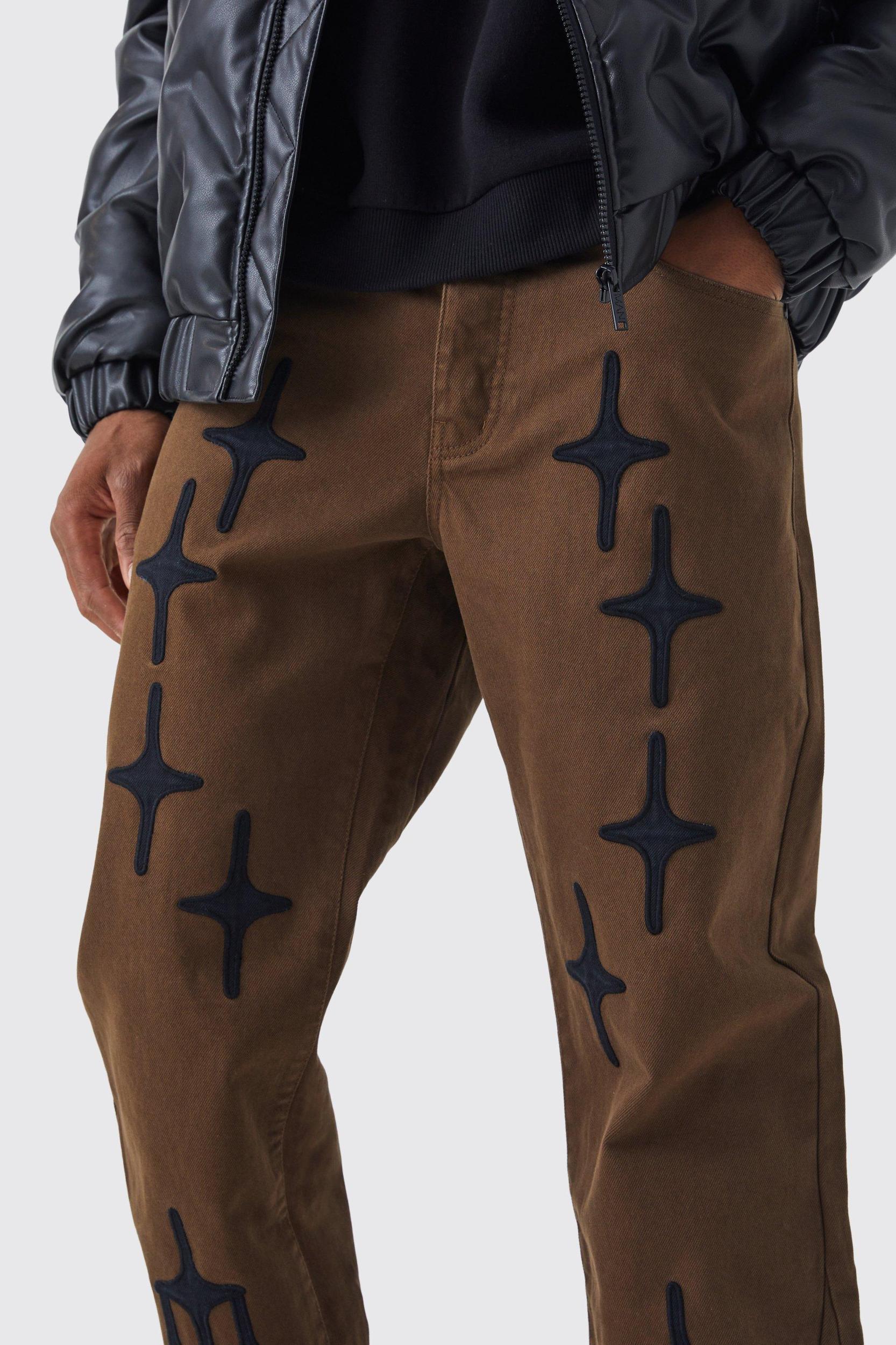 Fixed Waist Relaxed Gusset Applique Pants | boohooMAN USA Product Image
