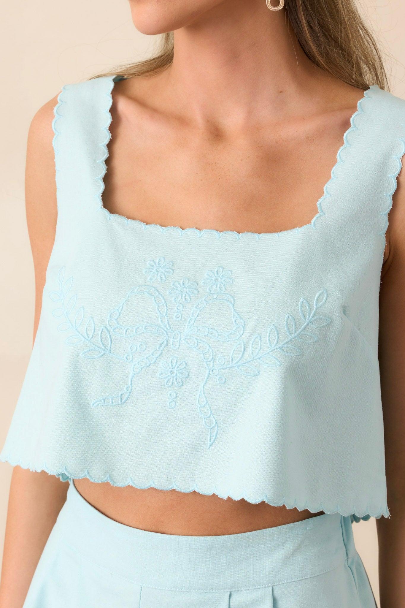 New Chapter Light Blue Embroidered Scallop Hem Top Product Image