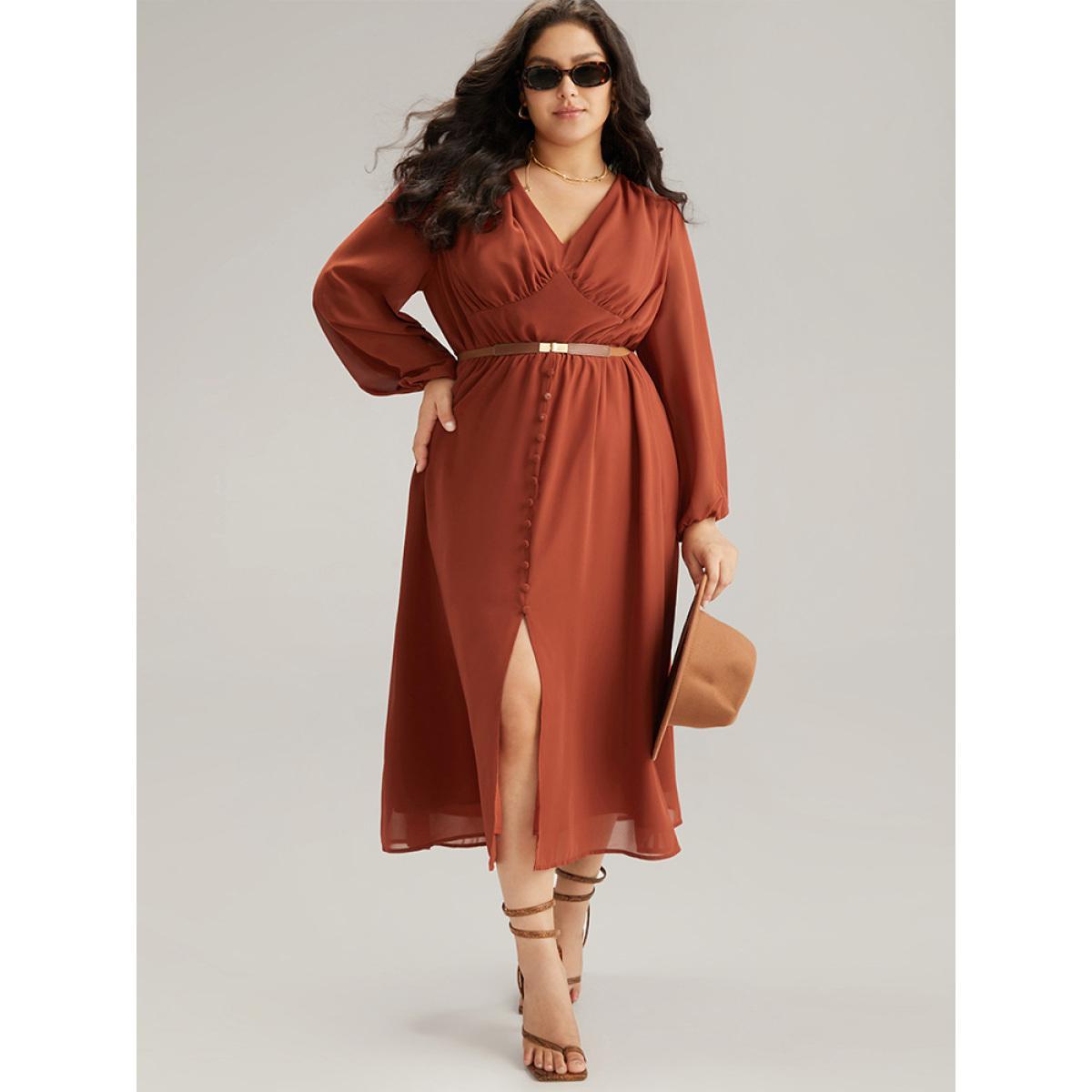 Plus Size Chiffon Plain Split Hem Button Detail Dress Rust Women Elegant Elastic cuffs V-neck Long Sleeve Curvy Midi Dress BloomChic 12/L Product Image