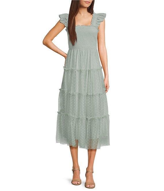 Blu Pepper Lace Polka Dot Square Neck Sleeveless Tiered Midi Dress Product Image