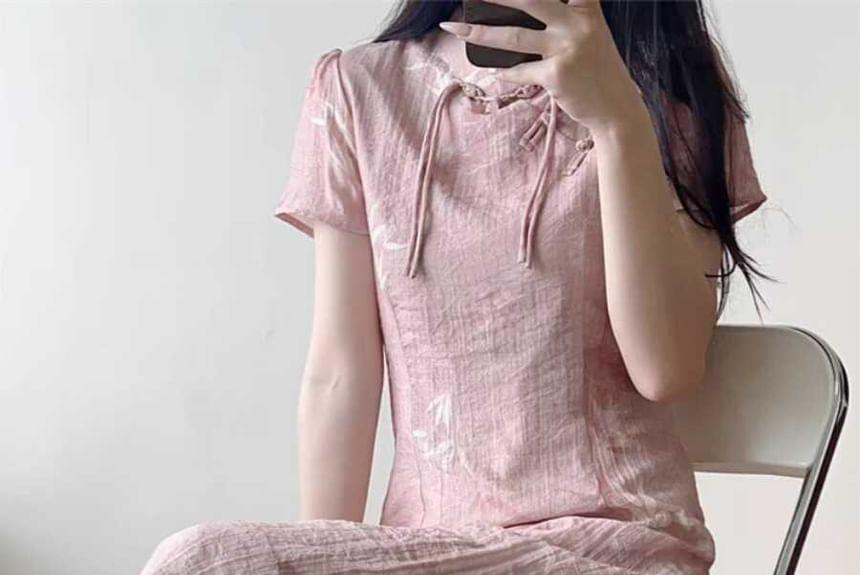 Short-Sleeve Frog Buttoned Two Tone Modified Hanfu Two Tone Midi A-Line Dress Product Image
