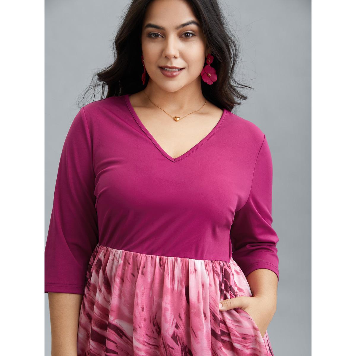 Plus Size Abstract Print Spliced V-Neck Midi Dress Rosered Women Elegant Patchwork V-neck Elbow-length sleeve Curvy BloomChic 22-24/3X Product Image