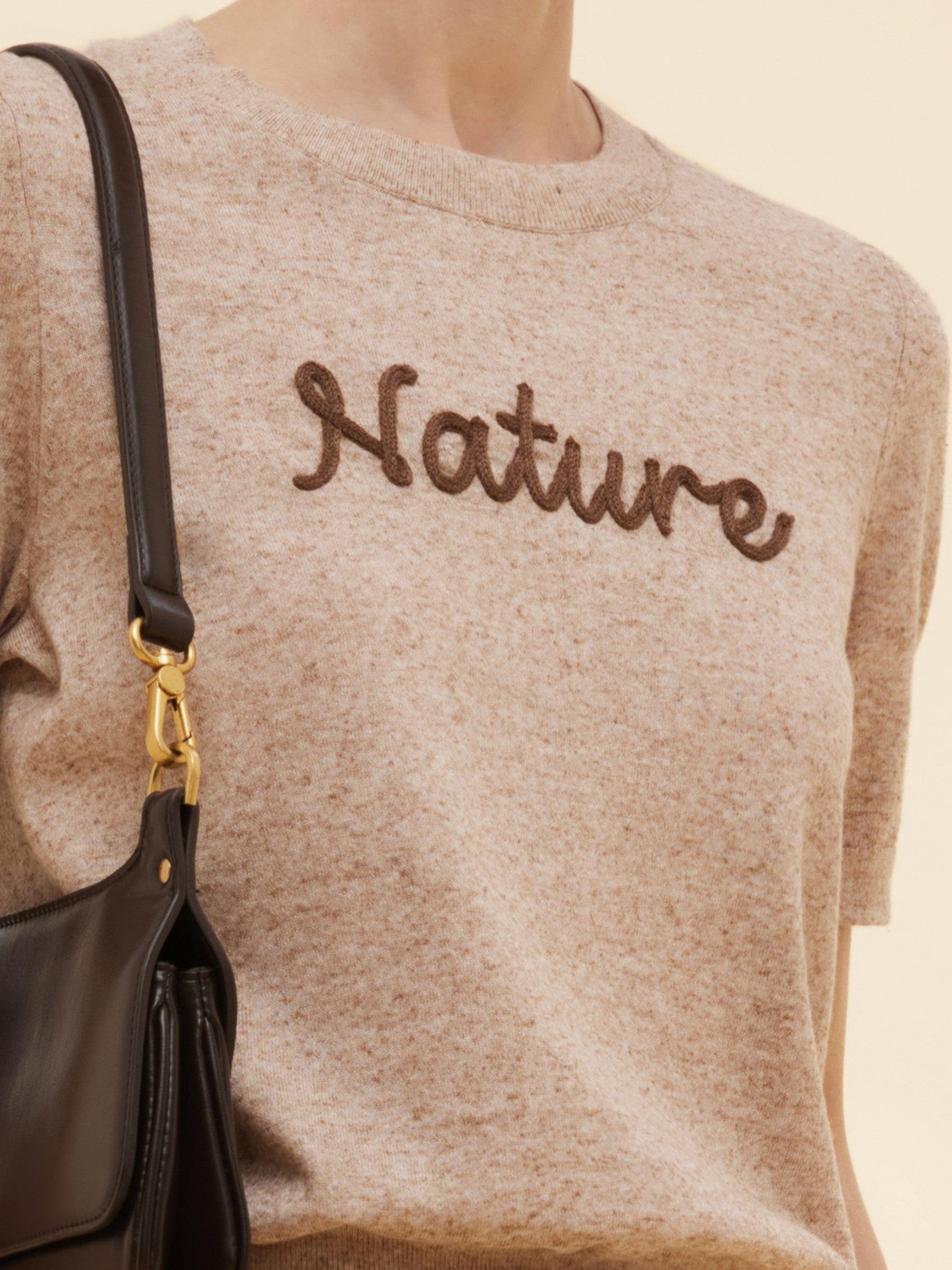 Linen Blend Letter Embroidered Women Knit Top Product Image