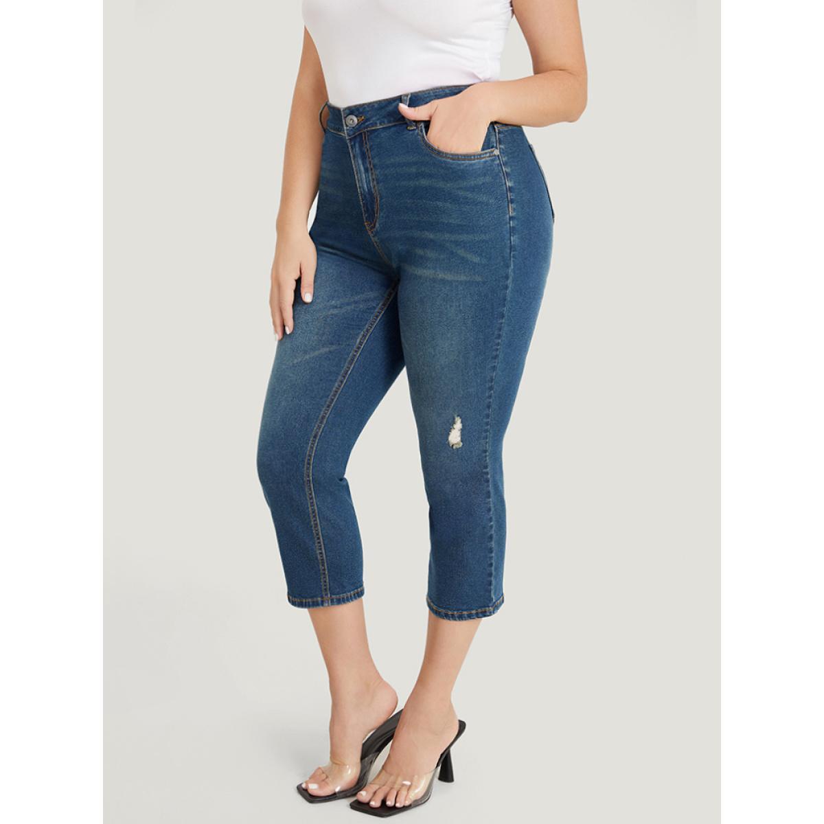 Plus Size Very Stretchy High Rise Medium Wash Ripped Detail Cropped Jeans Women Indigo Casual Plain High stretch Pocket Jeans BloomChic 10/M Product Image