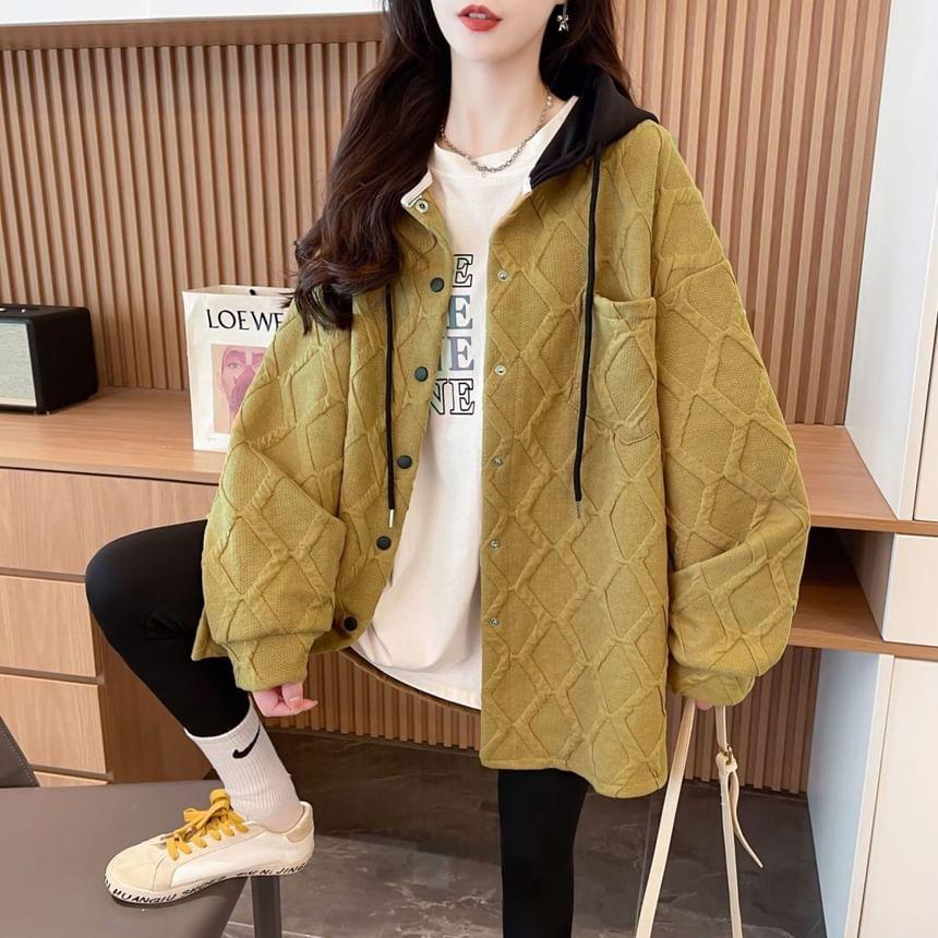 Two Tone Drawstring Hooded Button Jacket Product Image
