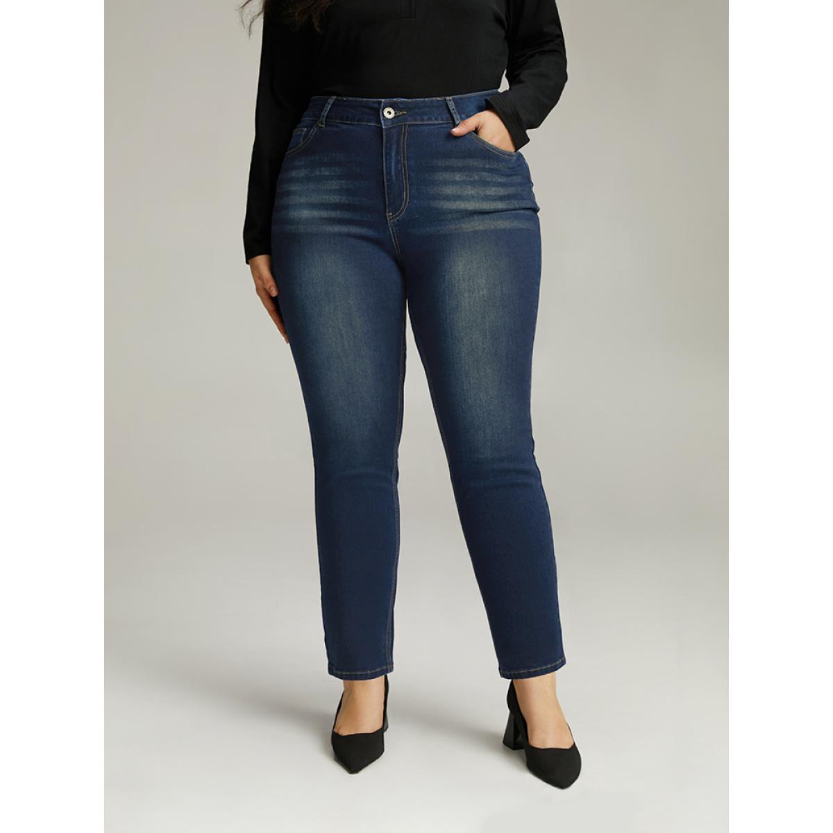 Plus Size Plain Straight Leg Pocket High Rise Jeans Women Aegean Casual Plain Plain High stretch Pocket Jeans BloomChic 10/M Product Image