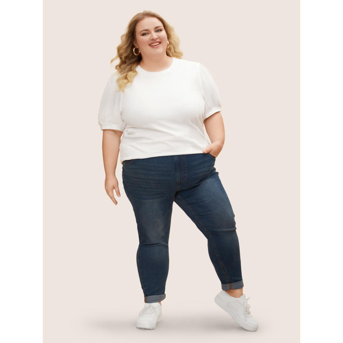 Plus Size Plain Textured Patchwork Lantern Sleeve T-Shirt WhiteSmoke Women Casual Texture Round Neck Everyday T-shirts BloomChic 18-20/2X Product Image