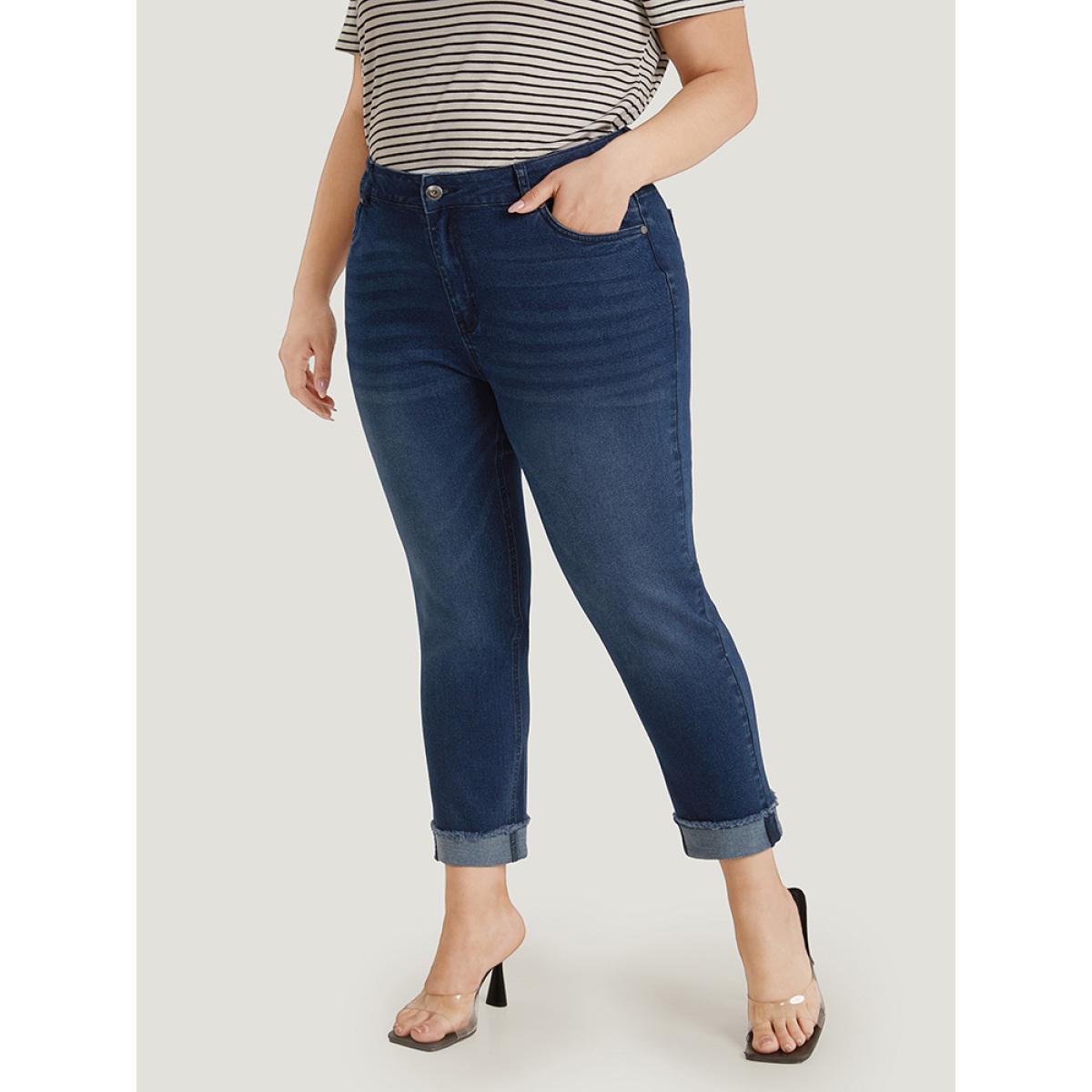 Plus Size Solid Frayed Roll Hem High Rise Jeans Women Blue Casual Plain Plain High stretch Pocket Jeans BloomChic 16/1X Product Image