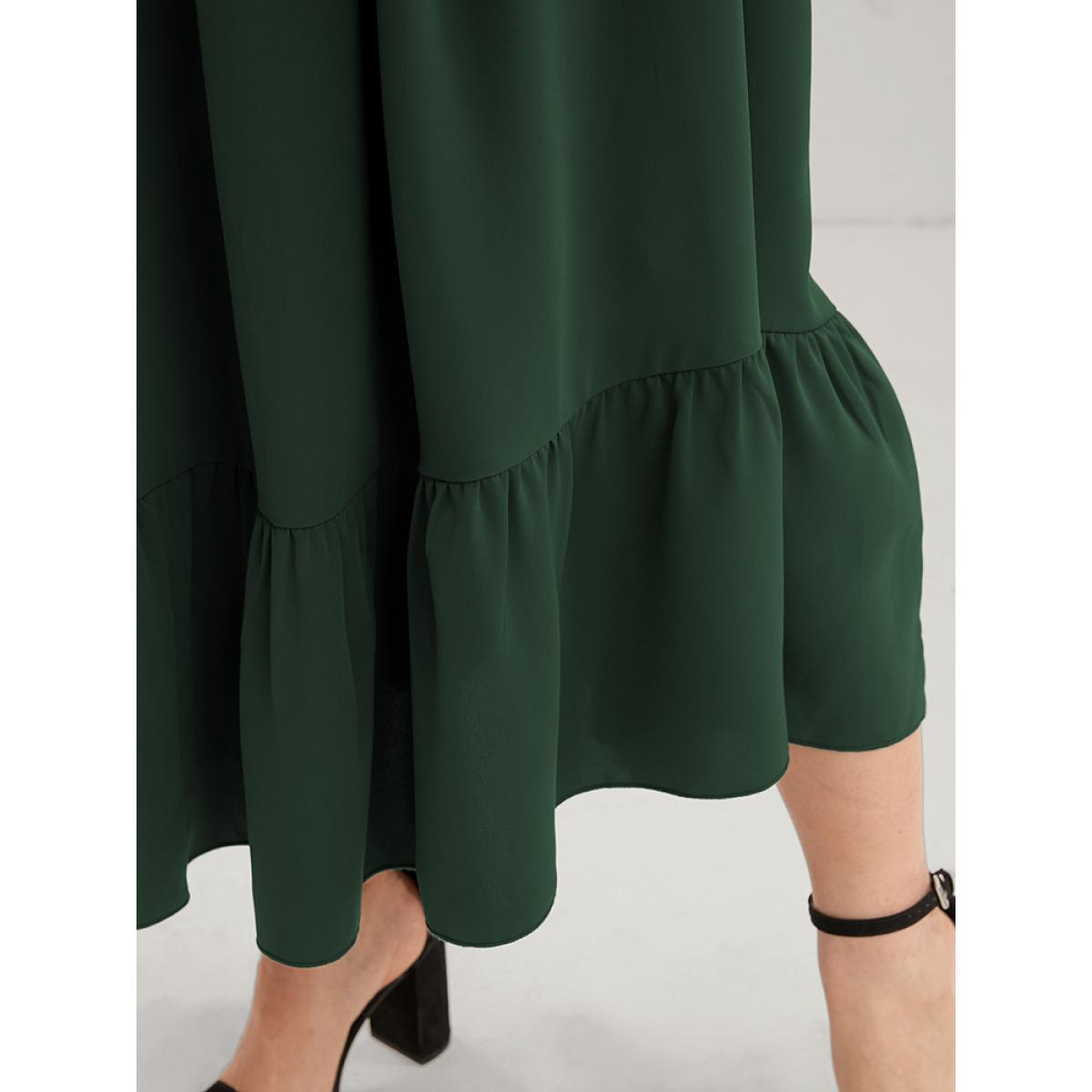 Plus Size Solid Lantern Sleeve Shirred Pocket Lace Trim Ruffle Hem Dress Green Women Elegant Patchwork V-neck Long Sleeve Curvy Midi Dress BloomChic 14-16/1X Product Image