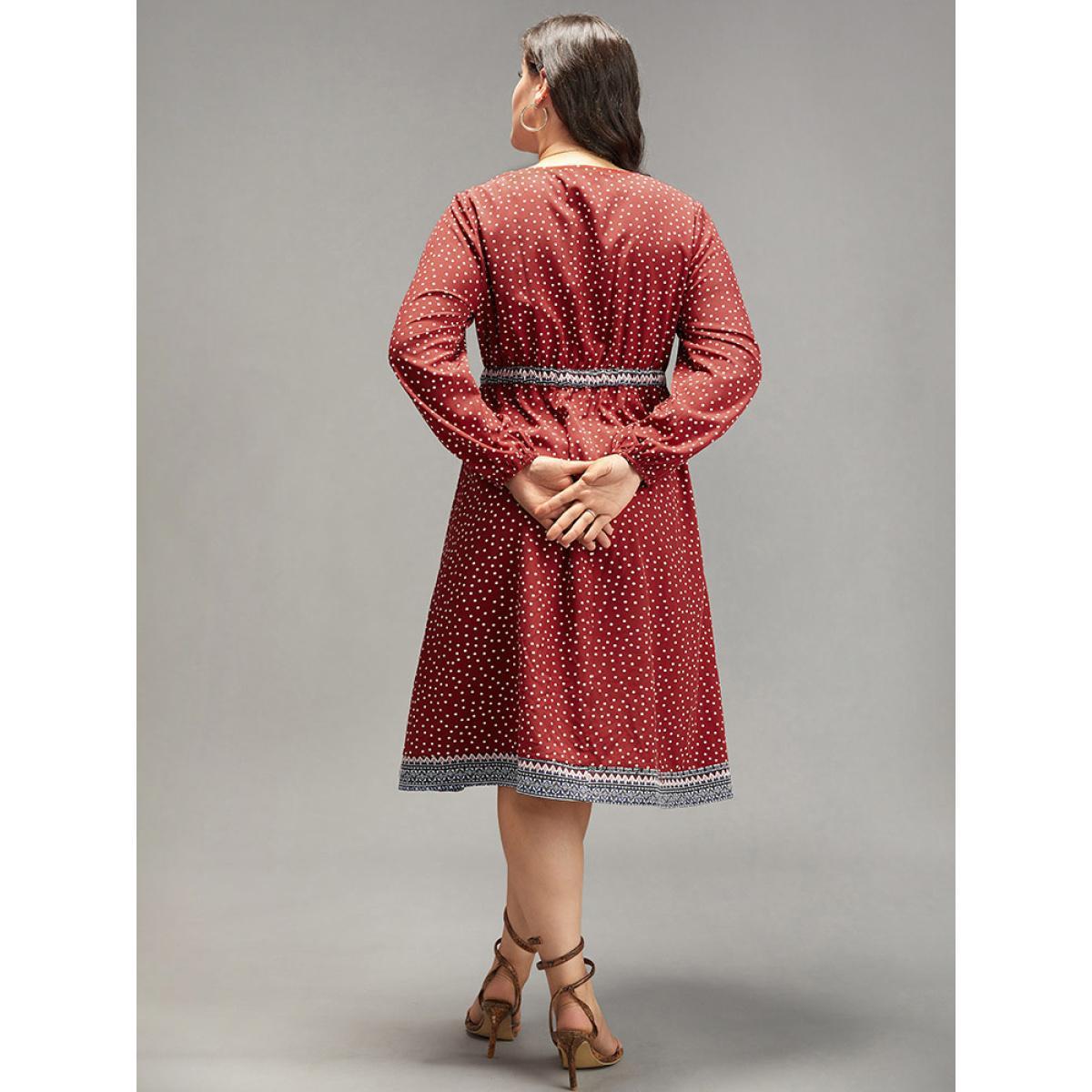 Plus Size Boho Print Lantern Sleeve Elastic Waist Dress Raspberry Women Vacation Elastic cuffs V-neck Long Sleeve Curvy Midi Dress BloomChic 28/5X Product Image