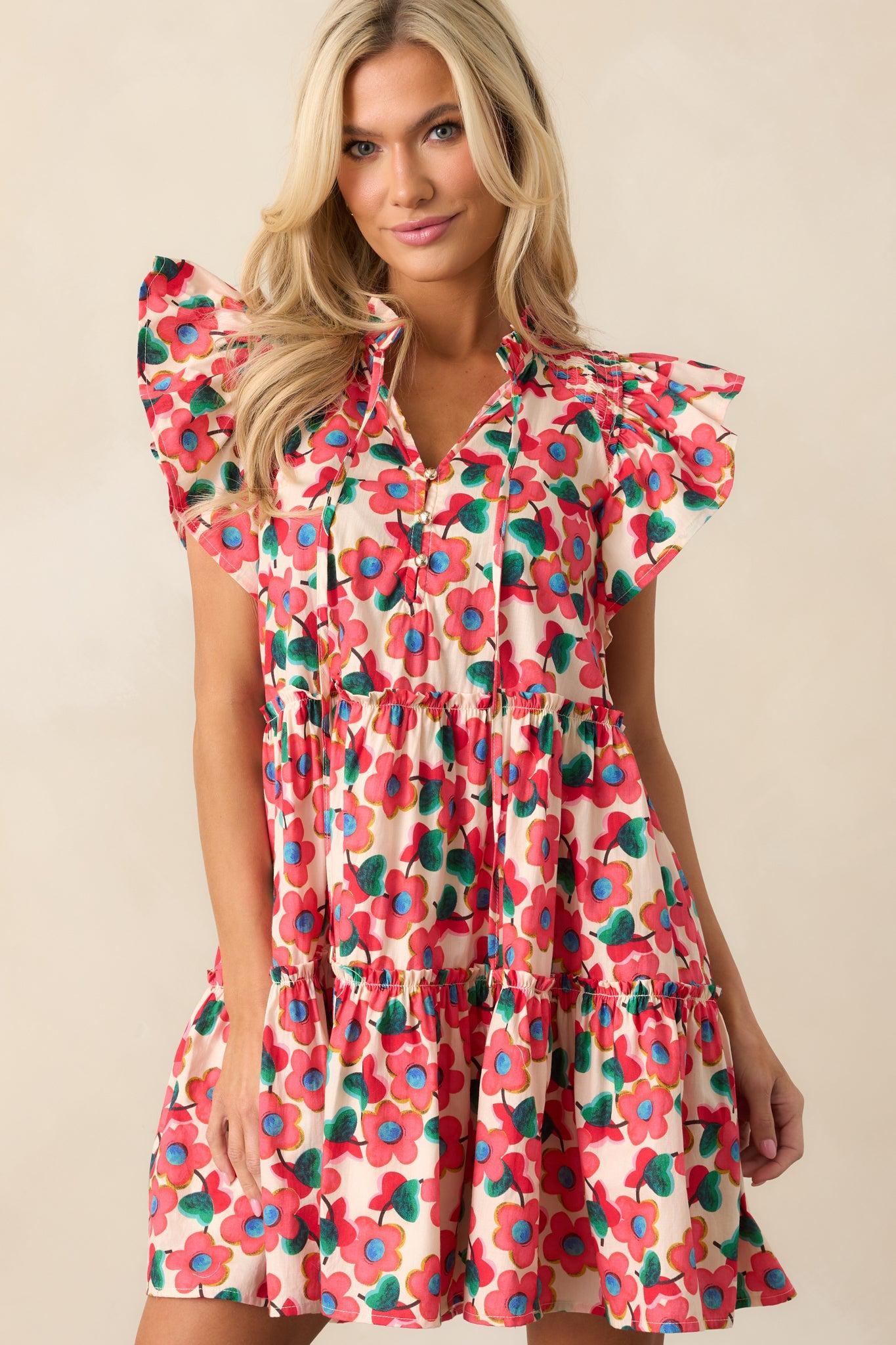 All You Need Red Floral Cotton Flutter Sleeve Mini Dress Product Image