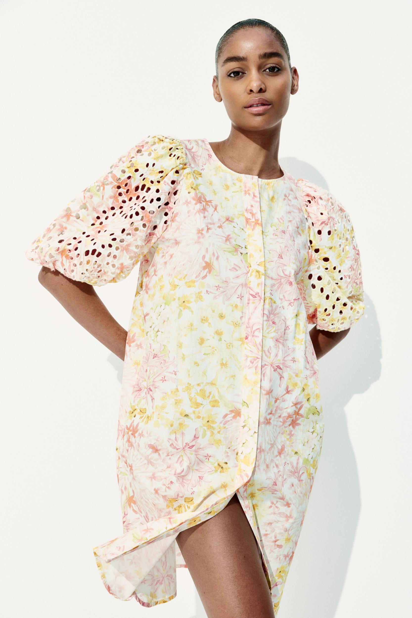 Dress with Eyelet-Embroidered Sleeves Product Image