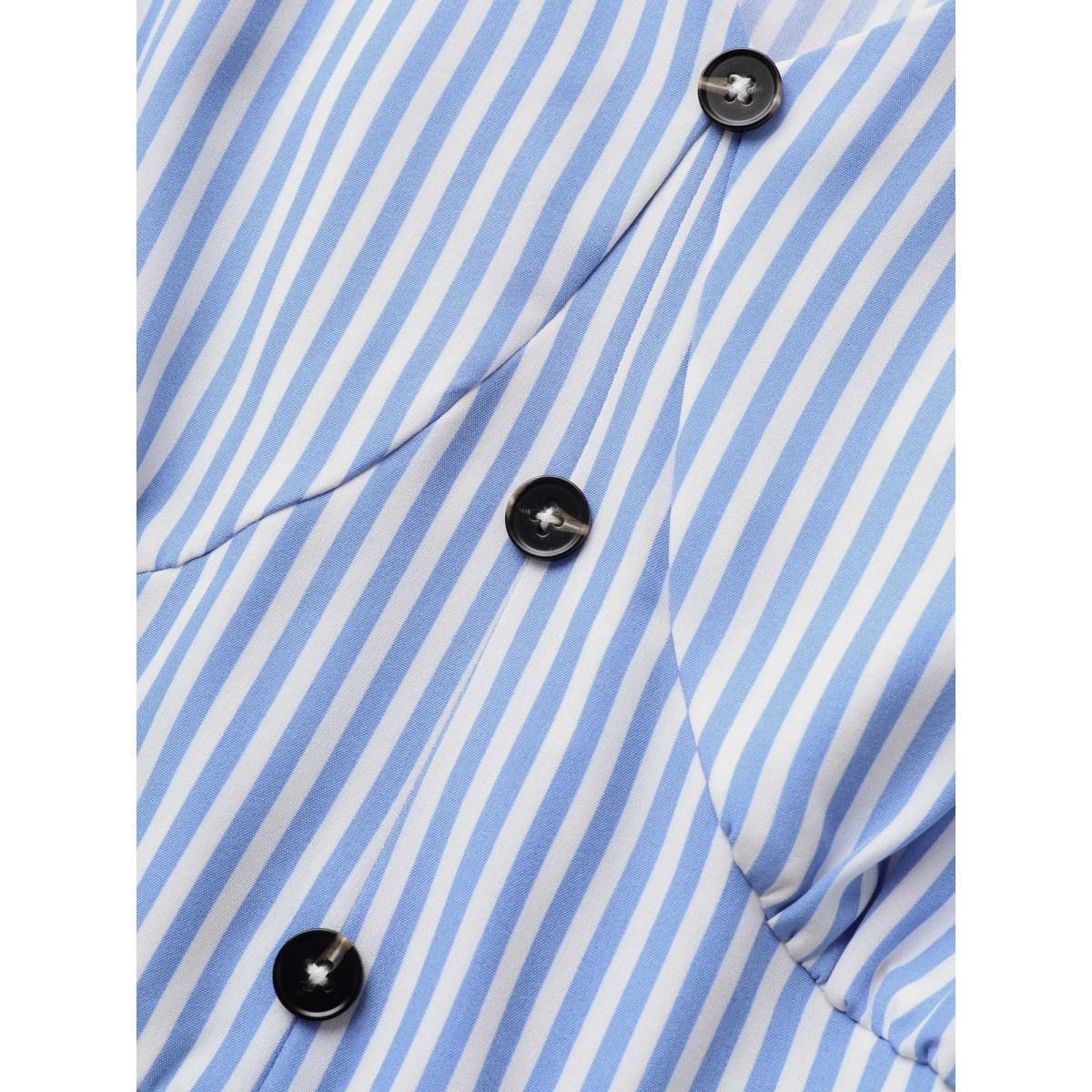 Plus Size Striped Puff Sleeve Button Detail Midi Dress Skyblue Women At the Office Gathered V-neck Short sleeve Curvy BloomChic 18-20/2X Product Image